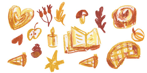 Clip art fall picnic drawn with wax crayons on white isolated background. Children's food collection of oil pastel illustrations. Designs for greeting cards, stickers, social media, posters.