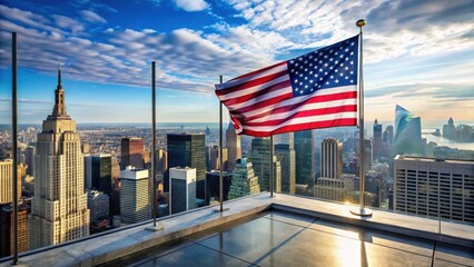 The American flag waves in the wind on a sleek glass skyscraper's rooftop, set against a stunning cityscape with towering buildings and bustling streets , USA, Flag