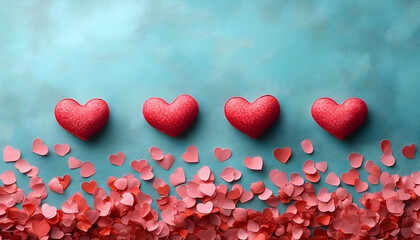Obraz premium Four hearts, confetti, teal backdrop, Valentine's