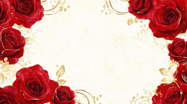 A luxurious wedding invitation card with a lavish red rose frame, featuring deep crimson roses with gold accents. 