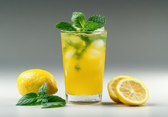 Fototapeta premium Refreshing Lemonade Cocktail Garnished with Mint Leaves and Ice Cubes Served in a Tall Glass with Fresh Lemon on the Side