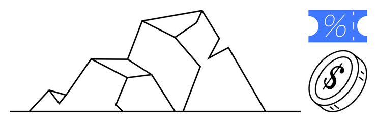 Black and white geometric mountain illustration with blue percentage coupon and dollar coin. Ideal for financial growth, investment, savings, discounts, economic trends, profitability, success