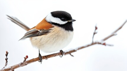 A small bird perched on a twig, isolated with a simple white backdrop,