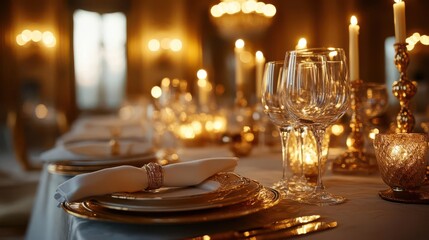 A beautifully set dining table illuminated by soft candlelight, featuring elegant glassware and fine china, creating a warm and inviting atmosphere.