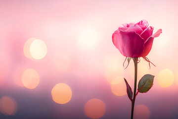 Fototapeta premium beautiful pink rose stands elegantly against soft, dreamy background filled with gentle bokeh lights, evoking feelings of love and romance