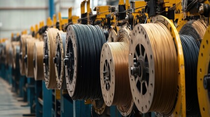 Obraz premium A wire manufacturing plant with spools of cable being processed.