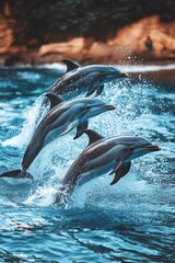 Fototapeta premium Dolphins playing and jumping in blue water with ocean background.