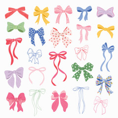 Colorful set of cute Bows and ribbons in Floral, stripes, checkered pattern and line art. Hand-drawn bow knots, coquette aesthetic. Vector clipart illustration for cards, invites, posters and labels.