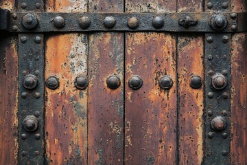 Rusted Wooden Door with Metal Banding and Rivets Aged Texture Background