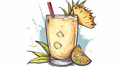 Refreshing Alcoholic Pina Colada Cocktail on White Background