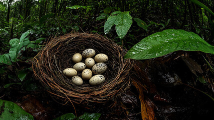 Obraz premium Speckled Bird Eggs in a Forest Nest: A Close-Up View of Nature's Beauty