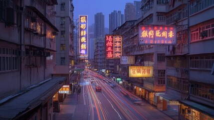Obraz premium Hong Kong street at twilight, with neon signs and traffic light trails.