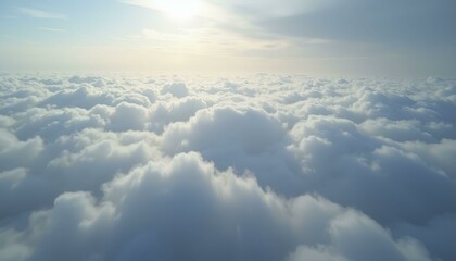 Fototapeta premium Aerial Wide Shot of Vast Fluffy Cloud Landscape with Soft Sunlight Peeking Through, Dreamy and Serene, Daytime