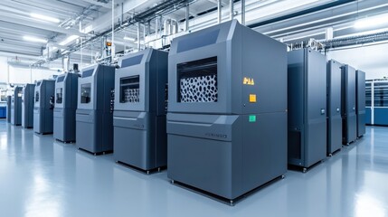 Rows of D printers creating parts in a modern manufacturing plant.