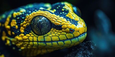 Obraz premium Vivid Yellow and Green Gecko against Dark Background