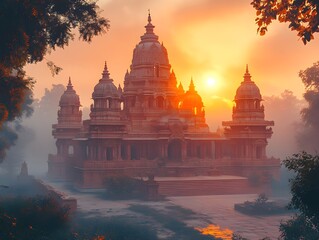 Traditional Indian Temple at Sunrise - Generative AI