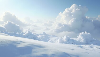 Wide Shot of Snow Covered Landscape with Fluffy White Clouds in Clear Blue Sky, Daytime