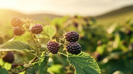 Close-up of ripe blackberries on the vine with soft golden sunlight in background