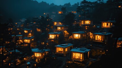 Illuminated Hillside Cabins at Night
