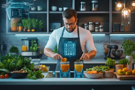 Man mixes fresh ingredients for a nutrient-rich smoothie in a sleek, futuristic kitchen with bright LED lighting
