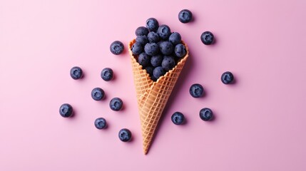 Waffle cone with fresh berries blueberries  on a minimal background, healthy dessert photography, simple and vibrant food styling.