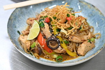 A close-up shot of a healthy, vibrant dish featuring Konjac noodles with tender chicken and a variety of fresh vegetables.
