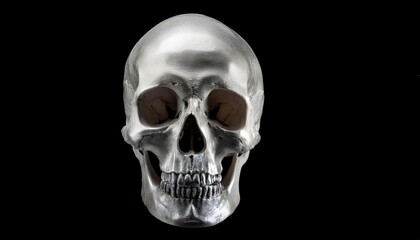 Natural Silver Human Skull Isolated Front View on Black Background
