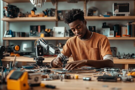 Focused African teenager assembles robotic arm in a modern workspace filled with tools and gadgets