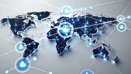 Global Network: A stylized world map displays a complex network of interconnected nodes, symbolizing global communication, data flow, and interconnectedness. The vibrant blue nodes pulse with light.