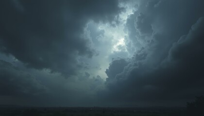 Stormy sky with dark clouds and a central light source, intense contrast, Distant Landscape, Wide Shot, Daytime