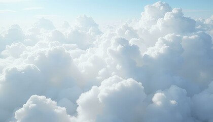Wide Shot of Serene Cloudscape at Dawn with Fluffy White Cumulus Clouds Against Light Blue Sky, Early Morning