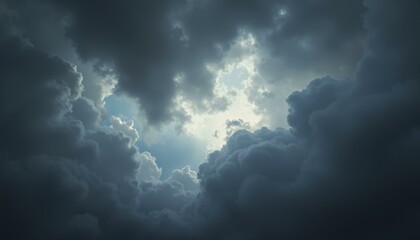 Tumultuous sky with dense, dark clouds and diffused light creating textured effects, Wide Shot, Daytime