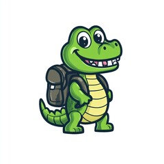 Fototapeta premium Green alligator with a backpack stands on a white background for a child's illustration