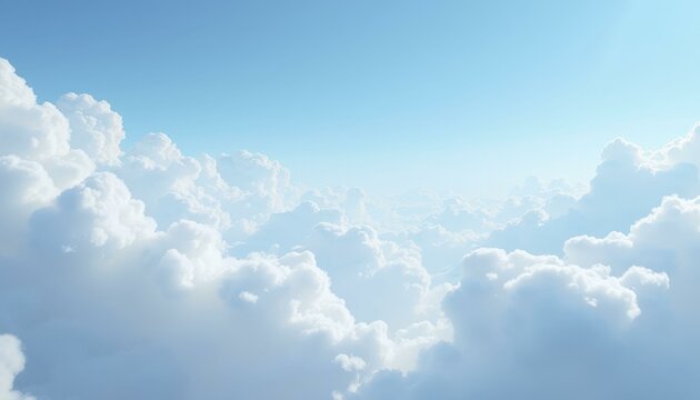 Aerial view of vast cloudscape with fluffy white cumulus clouds and soft sunlight, peaceful and calming, Aerial Shot, Daytime