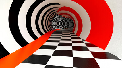 Obraz premium Abstract 3D Checkerboard Tunnel: A Psychedelic Journey Through Red, Black, and White