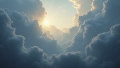 Serene sky filled with voluminous fluffy clouds illuminated by setting sun, peaceful and calming, Wide Shot, Sunset