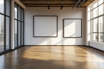 Interior of a modern art gallery, with blank canvases displayed against a white wall on a wooden...