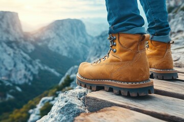 close-up of a hiker's rugged boots as they trek along a rocky mountain path. The scene showcases the adventure and challenge of hiking through nature, surrounded by breathtaking mountain views