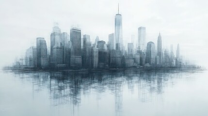 Fototapeta premium Sketchy cityscape reflected in water.