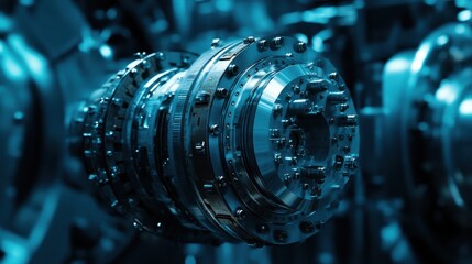 Fototapeta premium Close-up of a metallic turbine component showcasing intricate design and engineering in a workshop