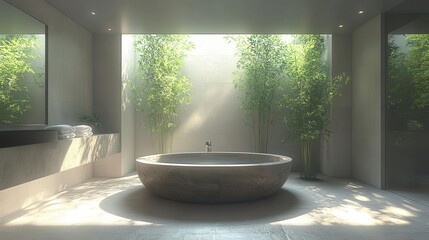 Fototapeta premium A serene bathroom featuring a round stone bathtub surrounded by soft lighting and lush greenery, creating a tranquil atmosphere.