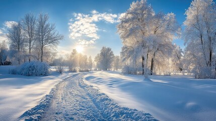 Obraz premium Snow-covered landscape glimmers under sunlight, creating serene