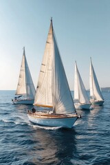 Fototapeta premium A group of four white sailboats cruising in the ocean under a clear sky.