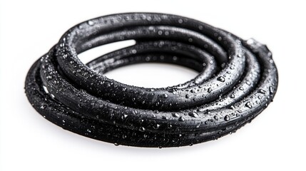 A close-up of a coiled black hose glistening with moisture. This durable and flexible hose is ideal for various outdoor watering tasks. Perfect for any garden project. Generative AI
