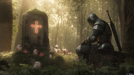 Fototapeta premium Medieval Knight's Quest for the Holy Grail in a Serene Forest