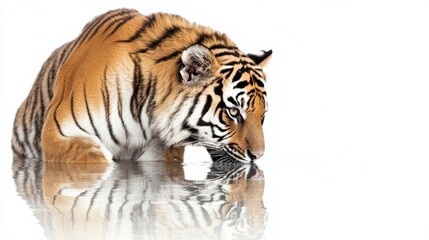 Obraz premium A tiger drinking from a serene water source, isolated on a bright white background,