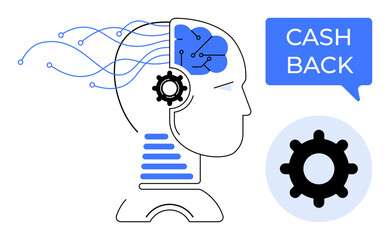 Human head with a brain-thumbs up circuit board, neural network lines, gear near the ear and CASH BACK text. Ideal for AI, finance tech, innovation, automation, neural networks, cognitive science