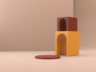 Neutral background for product presentation with shadows and light. Empty podiums in ocher colors. Primitives forms. 