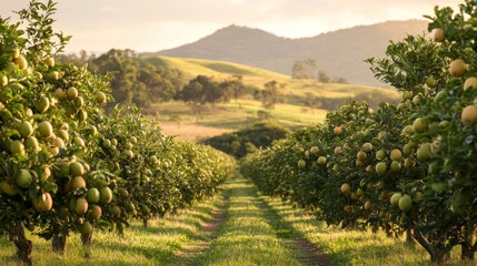 Fototapeta premium Apple orchard at sunset with rows of trees and mountains in the background