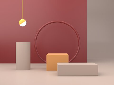 Neutral background for product presentation with shadows and light. Empty podiums in ocher colors. Primitives forms. 